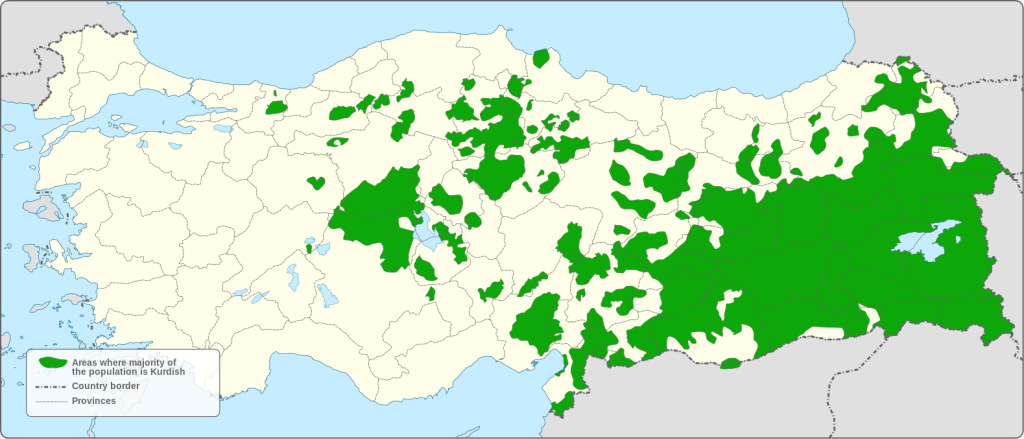 Map showing Kurdish majority areas within Turkey, Kurdish Institute of Paris Map, Goran Tek-en, CC 4.0